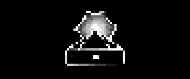 Una explosió de la qual en surt un calaix, pixelada amb dithering.